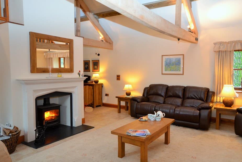 Spacious lounge area with woodburner