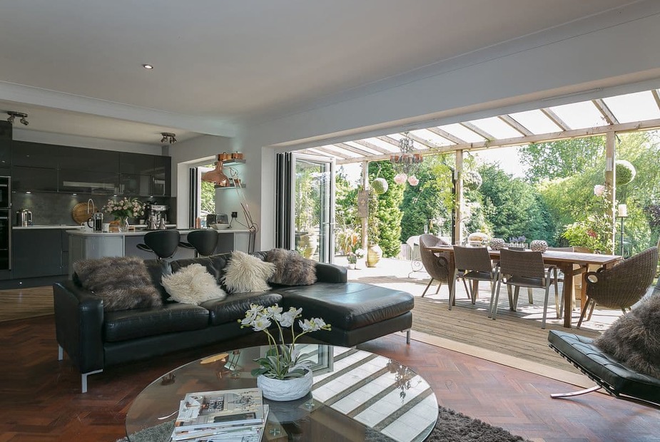 Mill View Light and airy living space with folding doors leading to the garden | Mill View, Holmwood, near Dorking