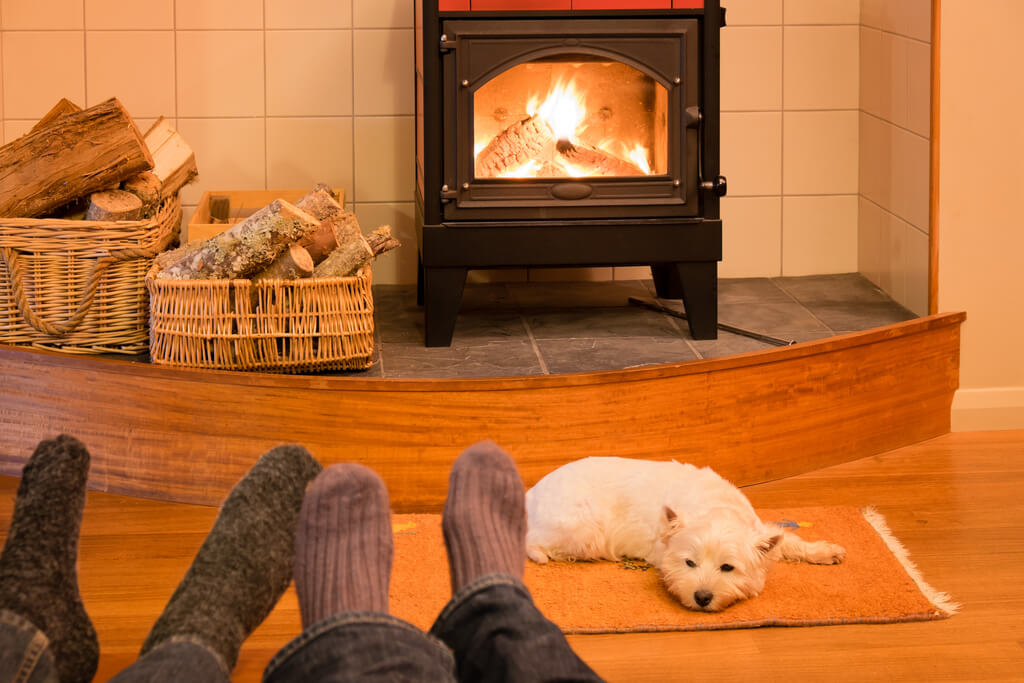 A couple with their dog by the fire in one of our last minute pet friendly cottages in Wales